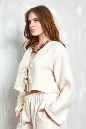 Natur Muslin Fabric Front Tie Blouse 27355 - Brand: First Angels - Women's Clothing Wholesale - Globality Store