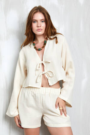 Natur Muslin Fabric Front Tie Blouse 27355 - Brand: First Angels - Women's Clothing Wholesale - Globality Store