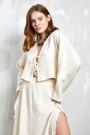 Natur Muslin Fabric Front Tie Blouse 27355 - Brand: First Angels - Women's Clothing Wholesale - Globality Store