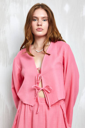 Muslin Fabric Front Tie Blouse 27355 - First Angels - Globality Store - Women Clothes Wholesale Turkey