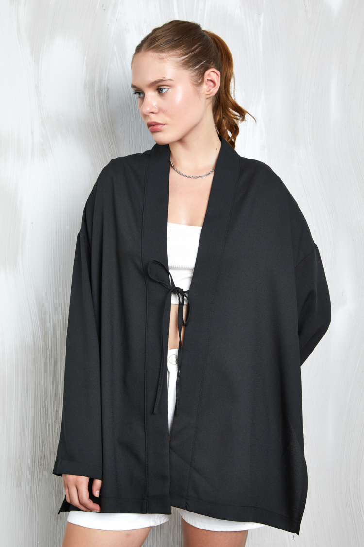 Black Sequin Embroidered Back Tied Front Kimono 27315