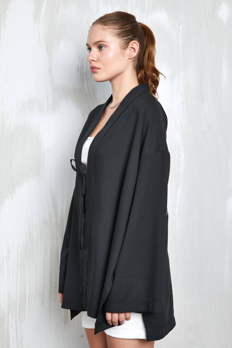 Black Sequin Embroidered Back Tied Front Kimono 27315
