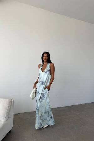 Patterned Maxi Satin Dress - Fiori - Globality Store - Women Clothes Wholesale Turkey