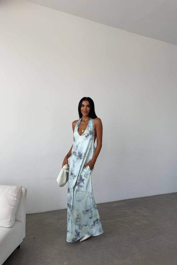 Patterned Maxi Satin Dress - Fiori - Globality Store - Women Clothes Wholesale Turkey