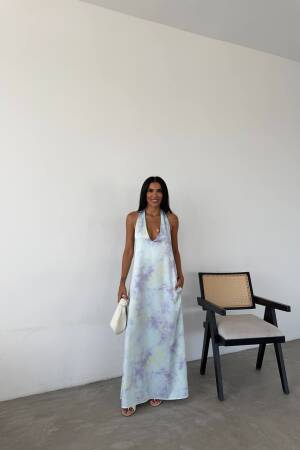 Patterned Maxi Satin Dress - Fiori - Globality Store - Women Clothes Wholesale Turkey