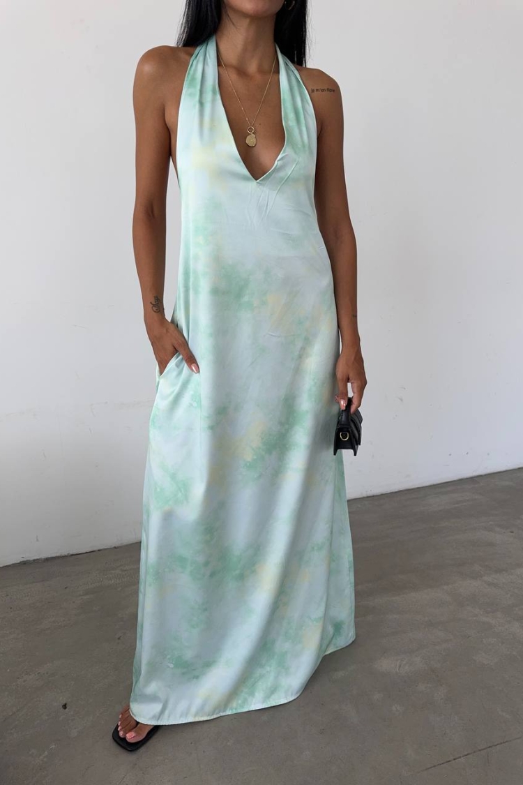 Patterned Maxi Satin Dress - Fiori - Globality Store - Women Clothes Wholesale Turkey