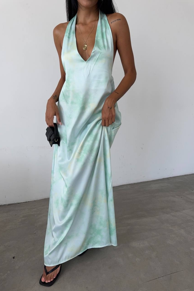 Patterned Maxi Satin Dress