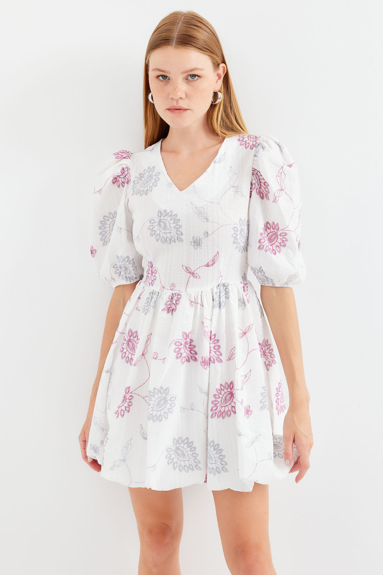 Patterned V-Neck Mini Flared Dress - Ecru - Bigdart - Globality Store - Women Clothes Wholesale Turkey
