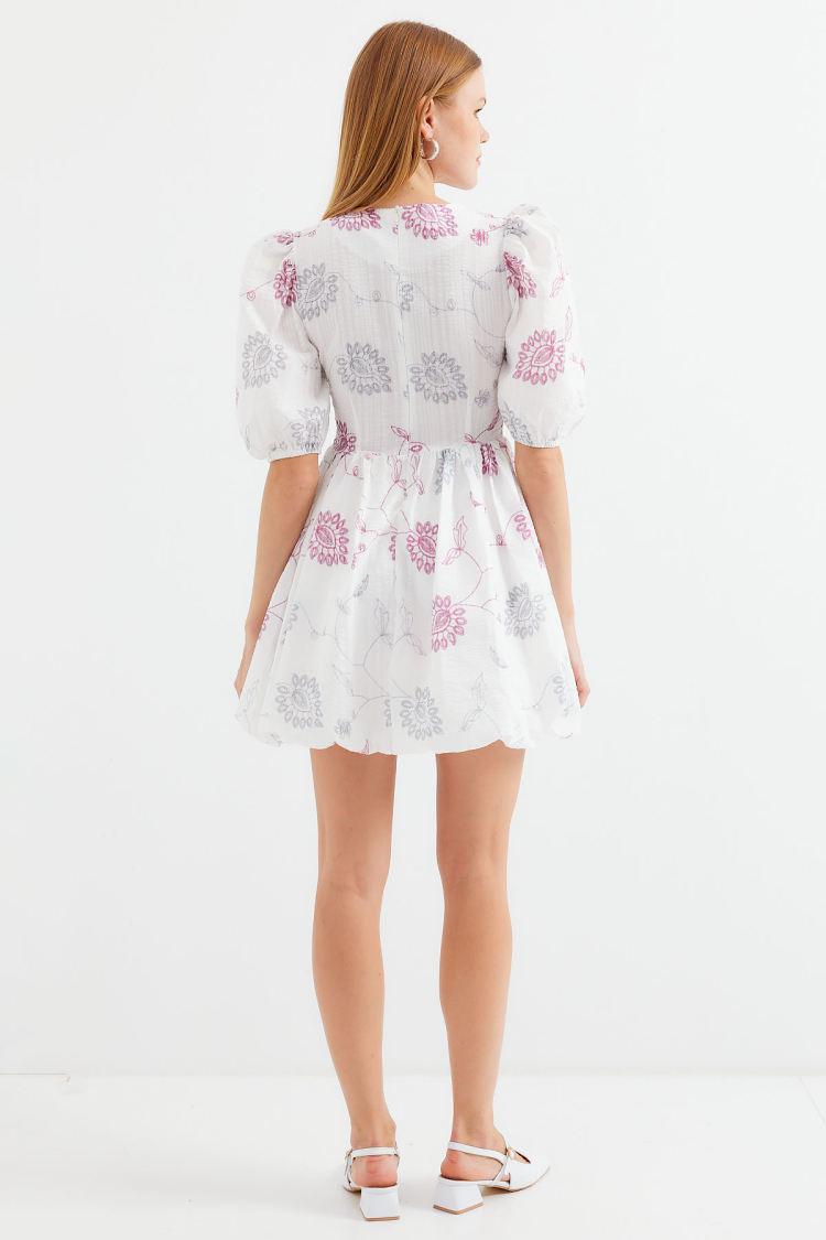Patterned V-Neck Mini Flared Dress - Ecru