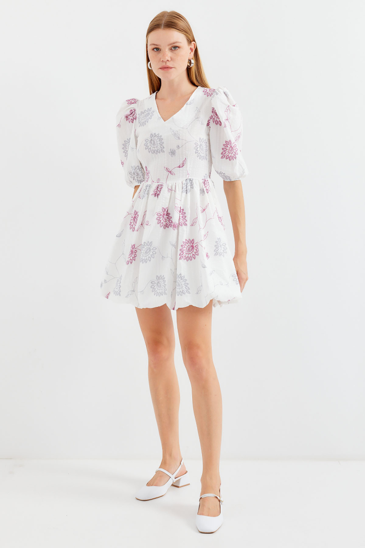 Patterned V-Neck Mini Flared Dress - Ecru