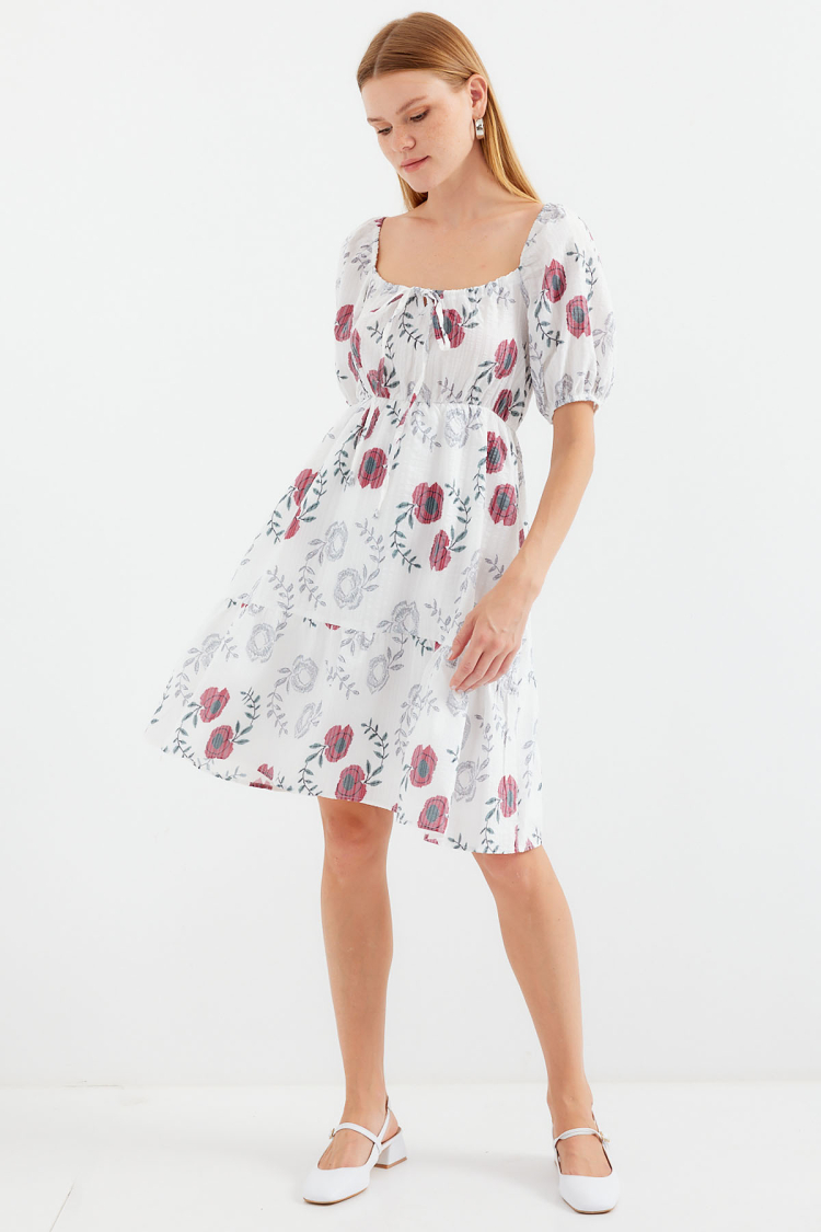 Patterned Mini Flared Dress - Ecru