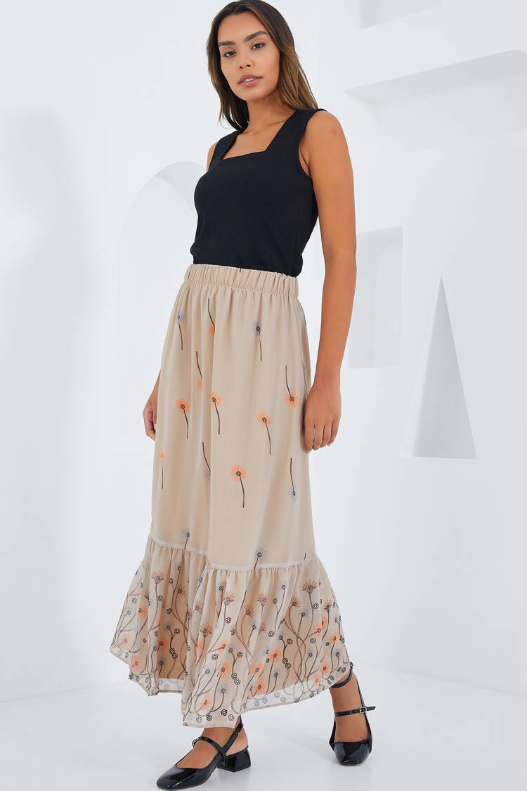 Cream Patterned Chiffon Skirt 8010