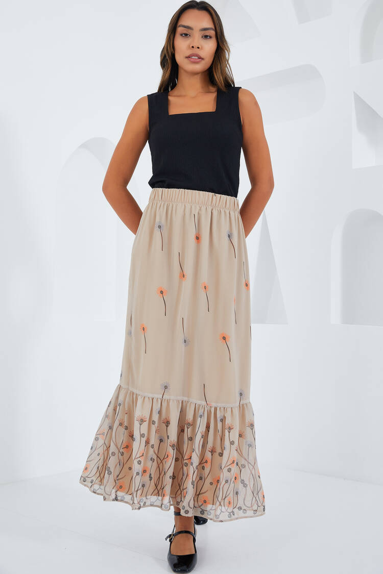 Cream Patterned Chiffon Skirt 8010