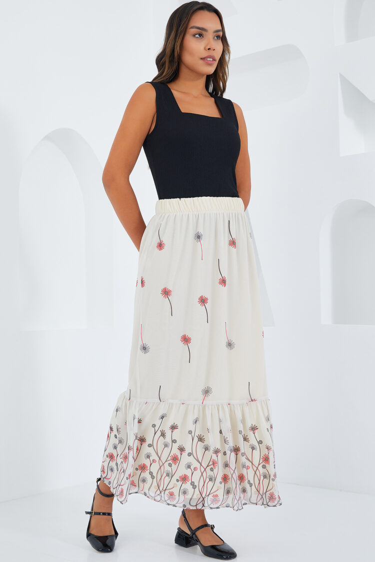 Ecru Patterned Chiffon Skirt 8010