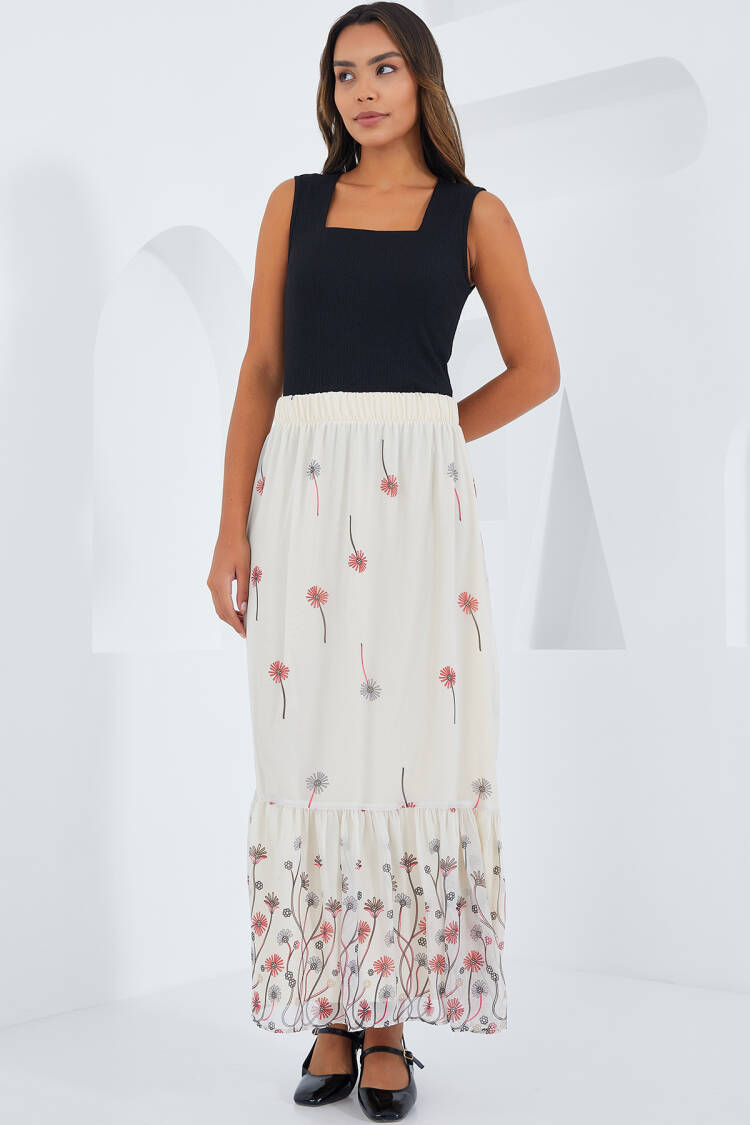 Ecru Patterned Chiffon Skirt 8010