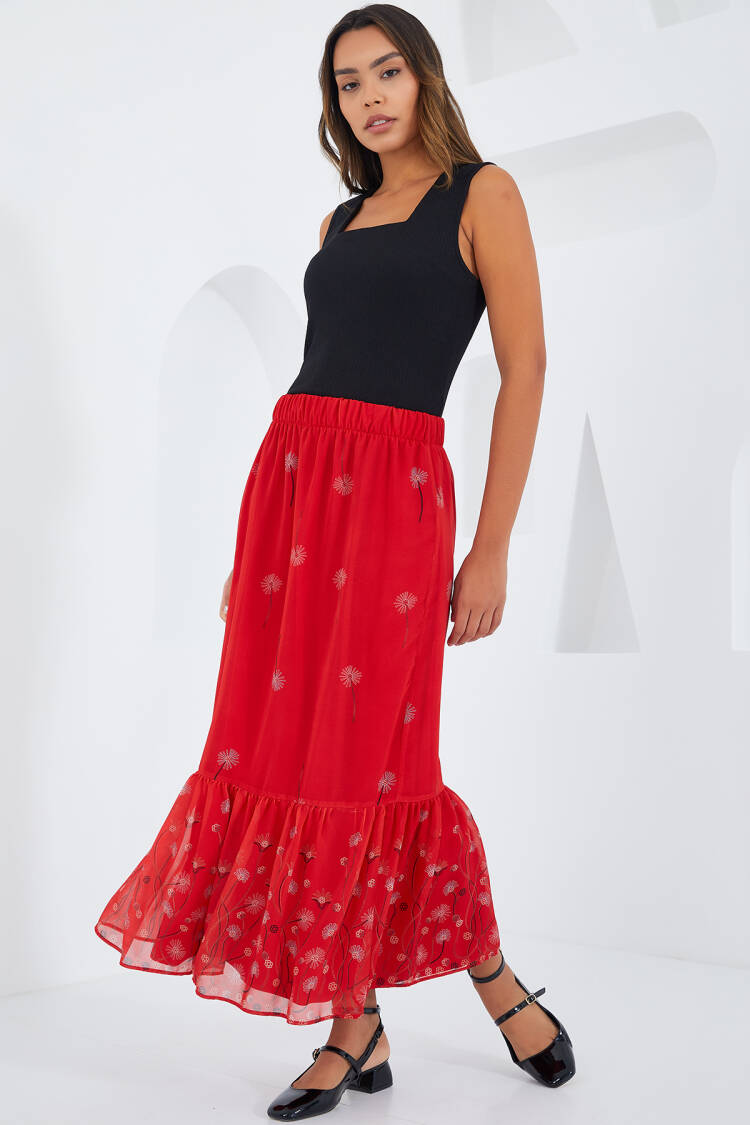 Red Patterned Chiffon Skirt 8010