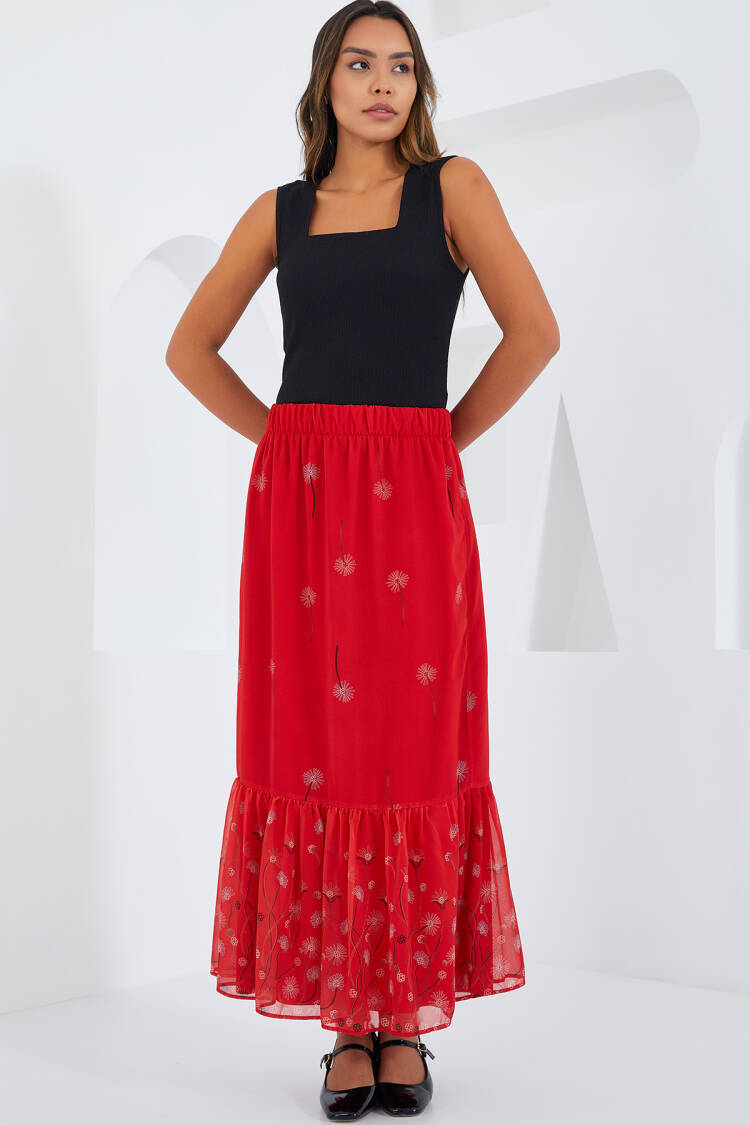 Red Patterned Chiffon Skirt 8010