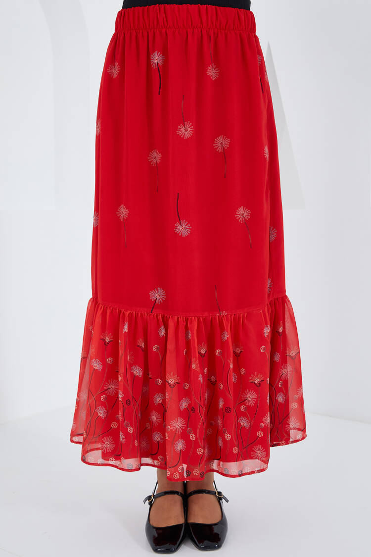 Red Patterned Chiffon Skirt 8010