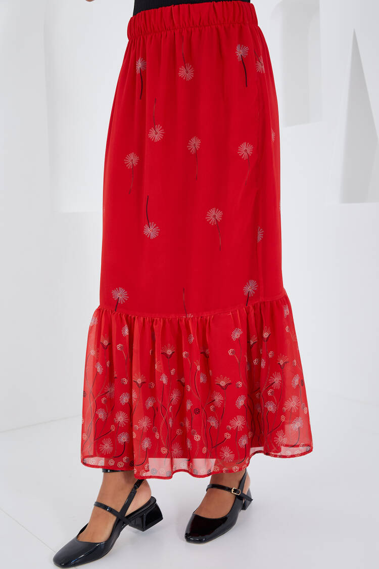 Red Patterned Chiffon Skirt 8010