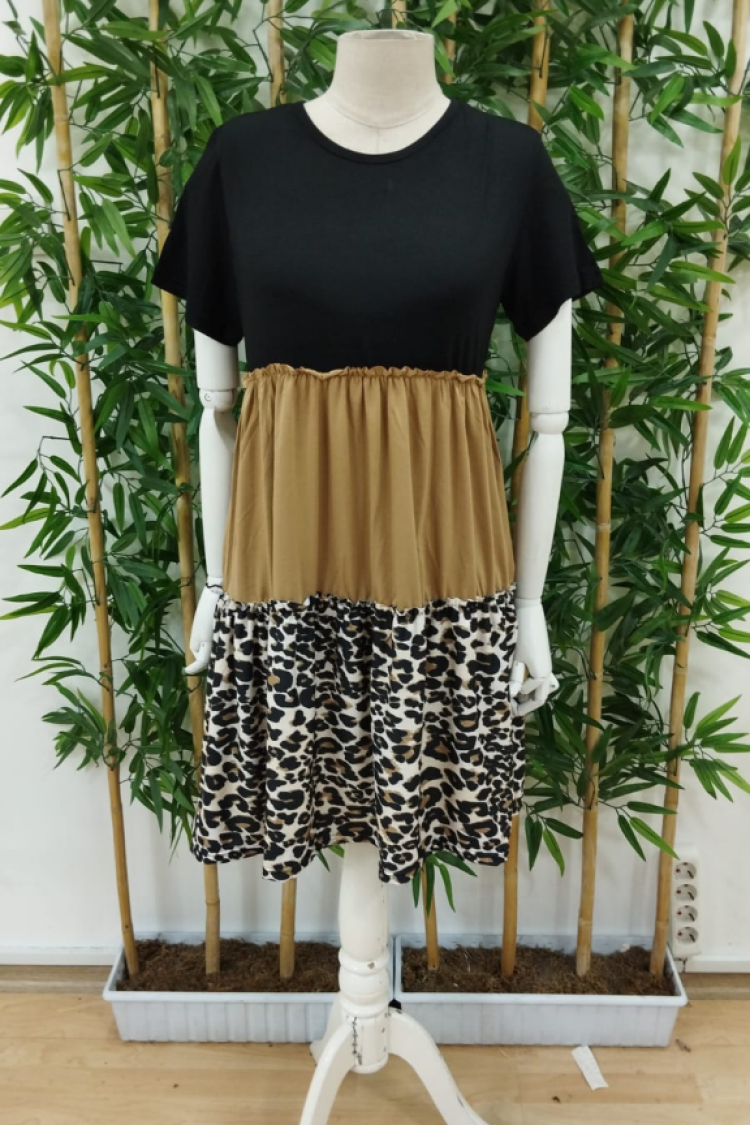 Women's Leopard Detail Three Piece Viscose Dress - Brown