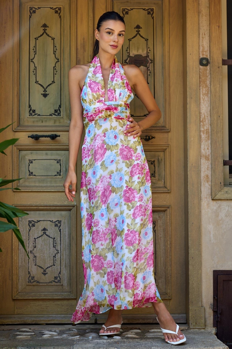 Chiffon Patterned Drape Detail Long Dress - Juste - Globality Store - Women Clothes Wholesale Turkey