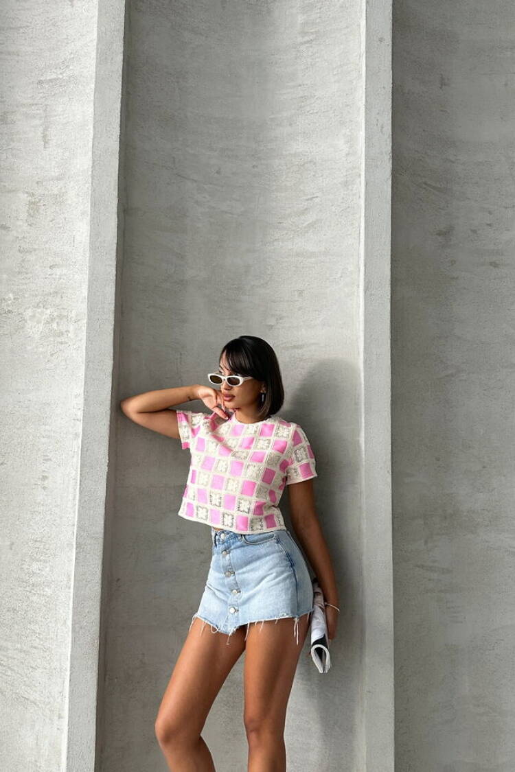 RawShort Sleeve Checkerboard Pattern Crochet Blouse - Brand: Topshow - Women's Clothing Wholesale - Globality Store