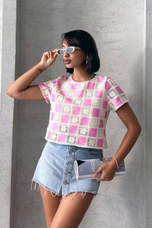 RawShort Sleeve Checkerboard Pattern Crochet Blouse - Brand: Topshow - Women's Clothing Wholesale - Globality Store