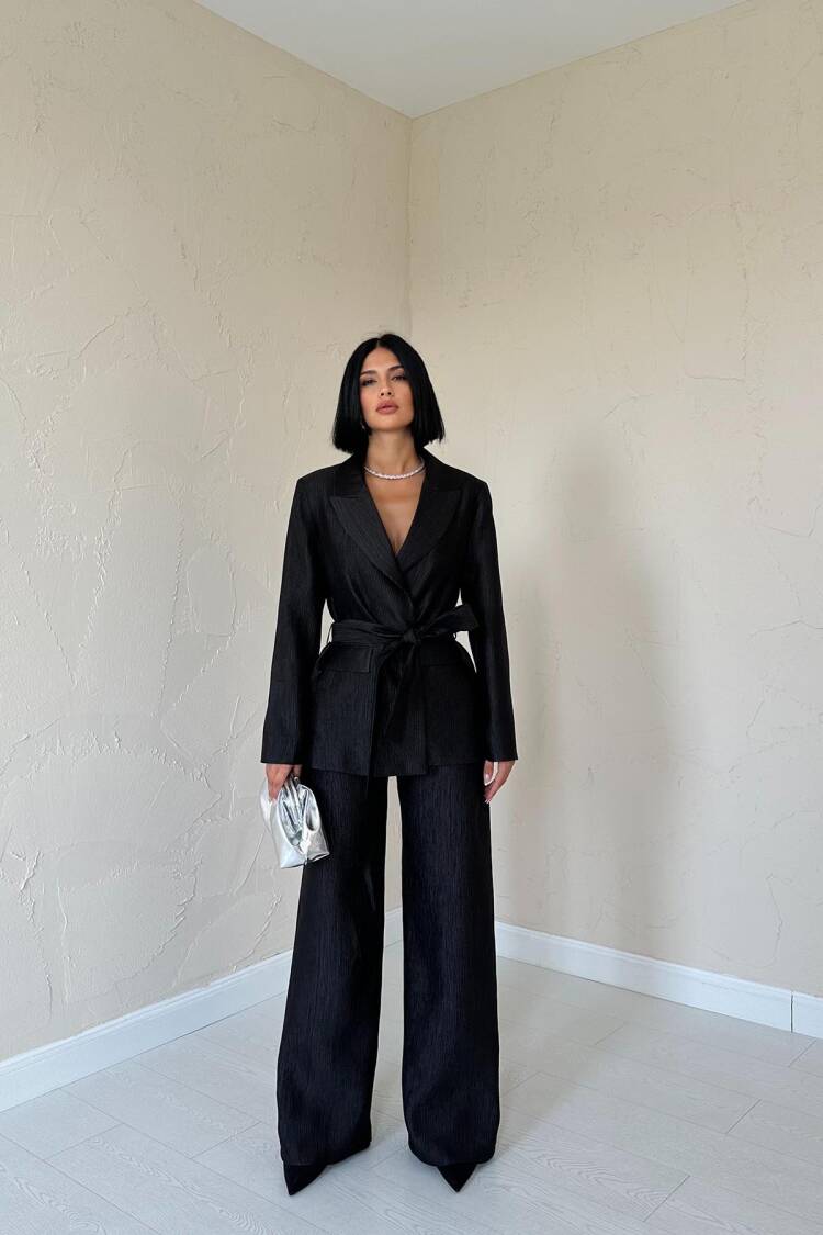 Belted Waist Jacket And Trouser Shiny Set - Elisa - Globality Store - Women Clothes Wholesale Turkey