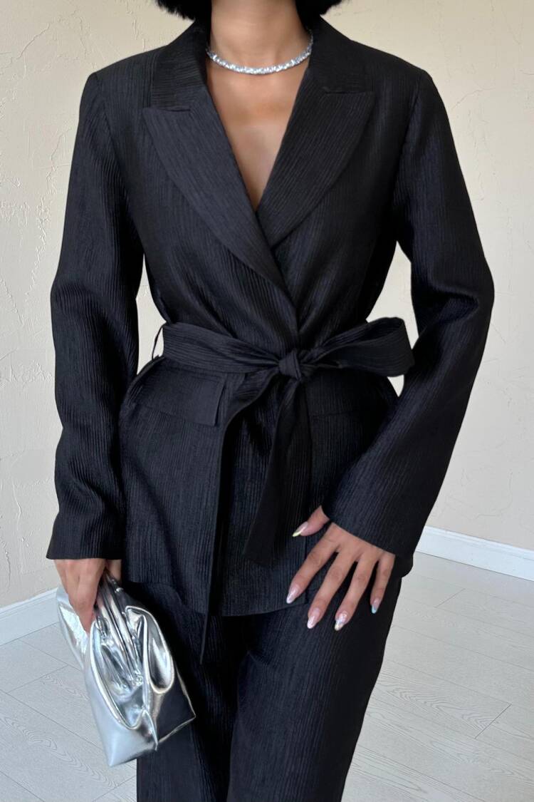 Belted Waist Jacket And Trouser Shiny Set