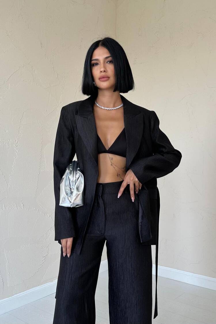 Belted Waist Jacket And Trouser Shiny Set