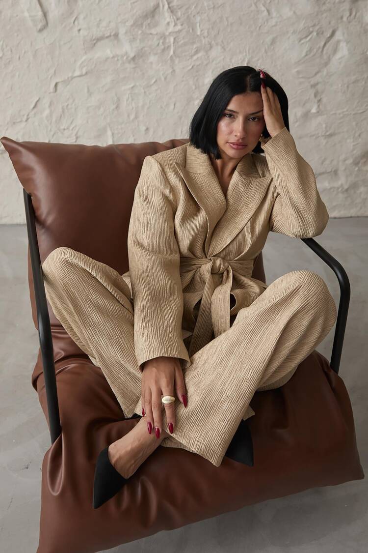 Belted Waist Jacket And Trousers Shiny Set - Elisa - Globality Store - Women Clothes Wholesale Turkey