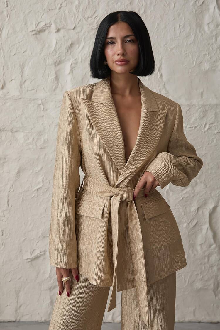 Belted Waist Jacket And Trousers Shiny Set