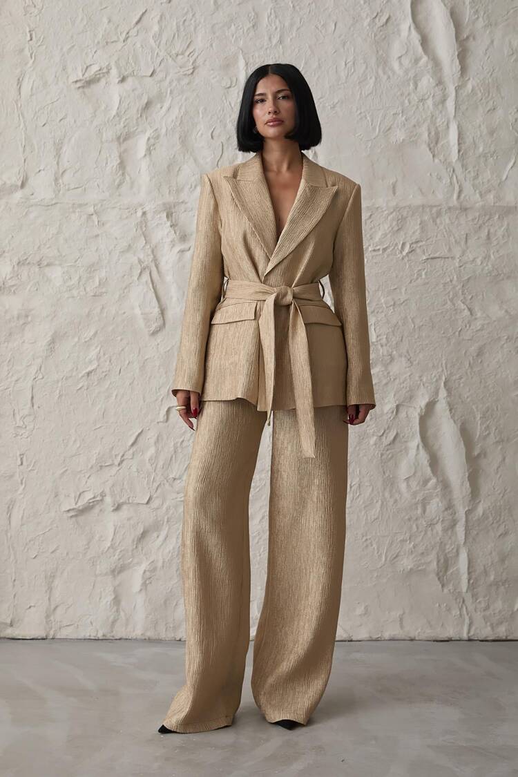 Belted Waist Jacket And Trousers Shiny Set