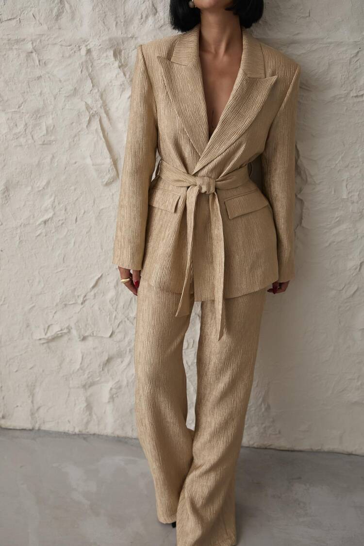 Belted Waist Jacket And Trousers Shiny Set