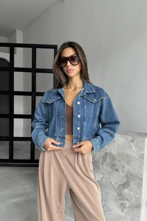 Short Denim Jacket - Blue - Cream Rouge - Globality Store - Women Clothes Wholesale Turkey