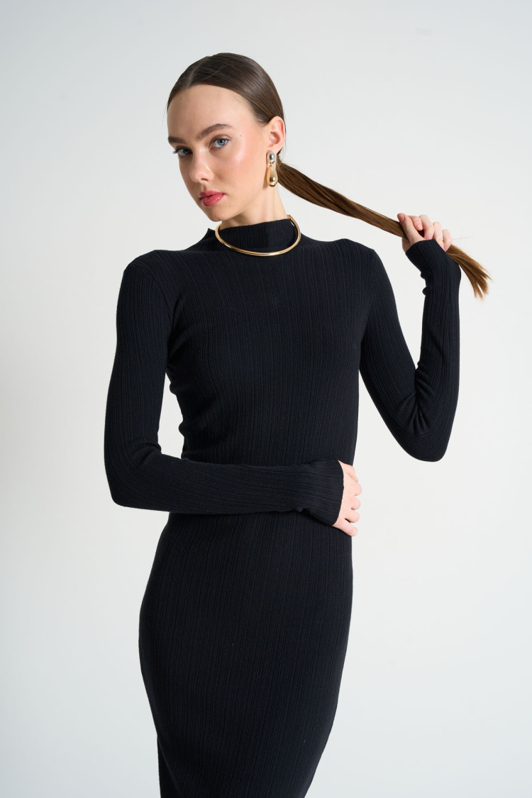 Self Collar Ribbed Dress