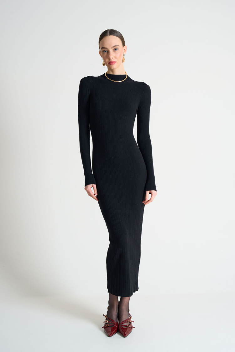 Self Collar Ribbed Dress - Qustyle - Globality Store - Women Clothes Wholesale Turkey