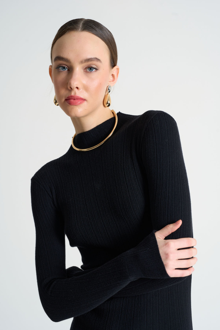 Self Collar Ribbed Dress