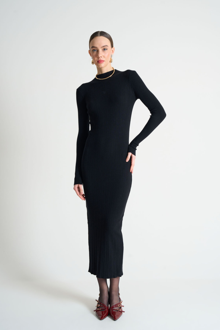 Self Collar Ribbed Dress