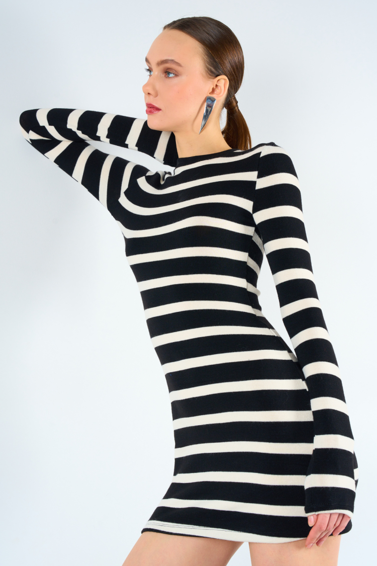 Horizontal Striped Short Dress - Black-White