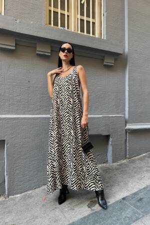 Women'sFlounce Satin Printed Long Dress - First Angels - Globality Store - Women Clothes Wholesale Turkey