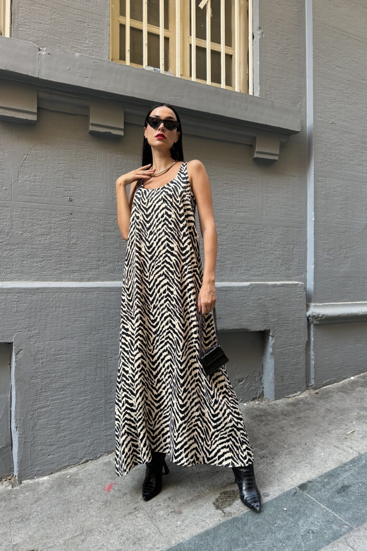 Women'sFlounce Satin Printed Long Dress - First Angels - Globality Store - Women Clothes Wholesale Turkey