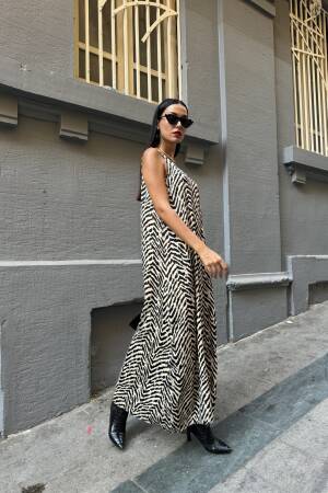 Women'sFlounce Satin Printed Long Dress - First Angels - Globality Store - Women Clothes Wholesale Turkey