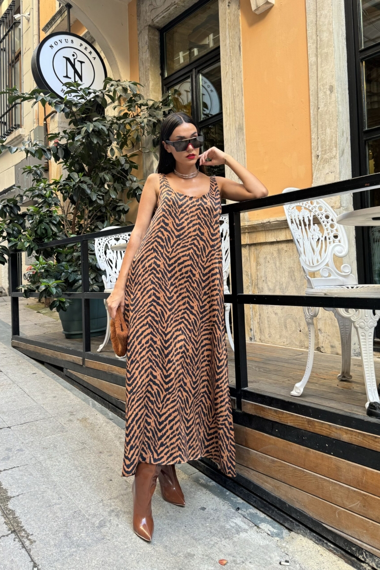 Women's Coffee Floss Satin Printed Long Dress - First Angels - Globality Store - Women Clothes Wholesale Turkey