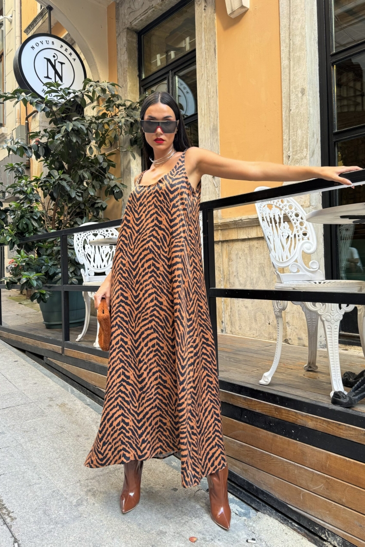 Women's Coffee Floss Satin Printed Long Dress