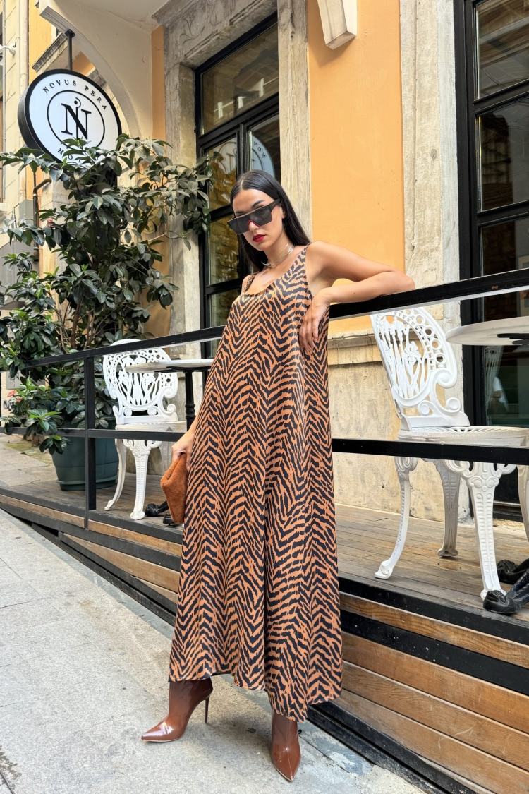 Women's Coffee Floss Satin Printed Long Dress