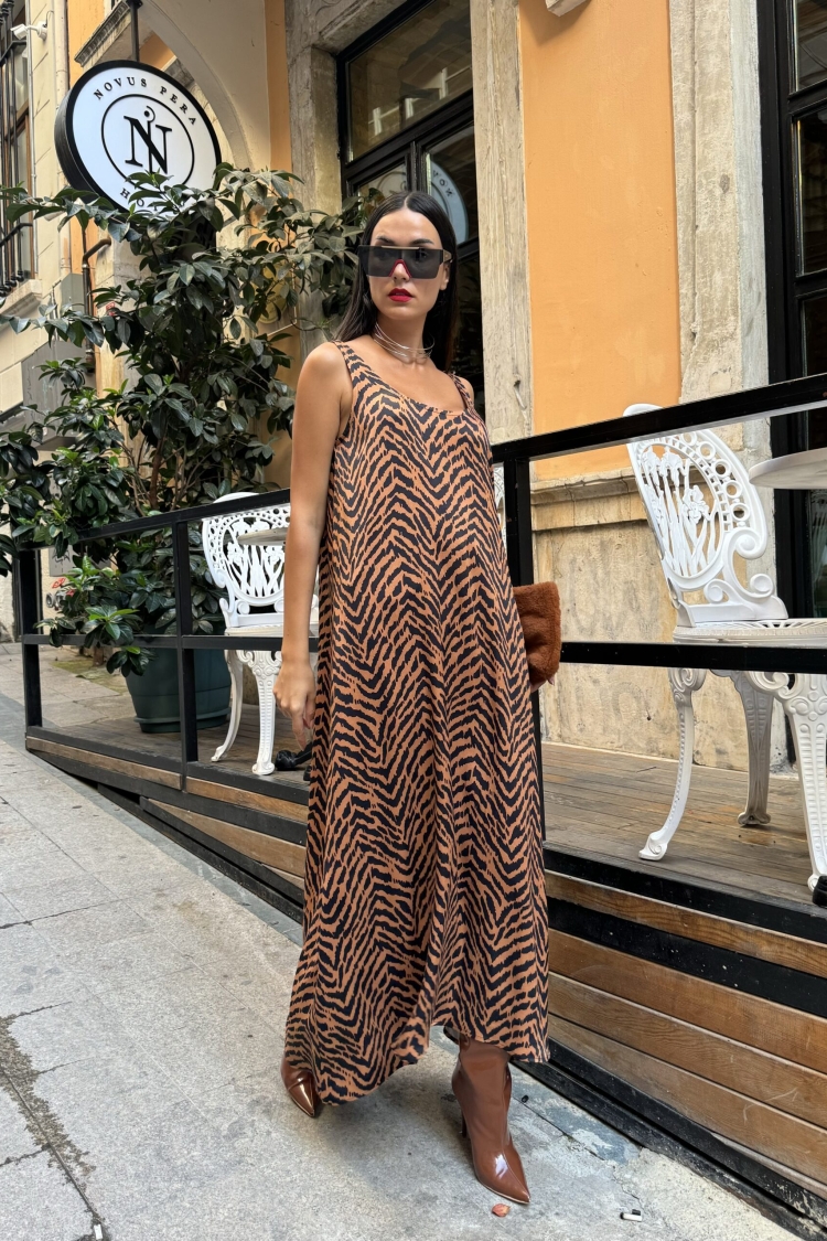 Women's Coffee Floss Satin Printed Long Dress