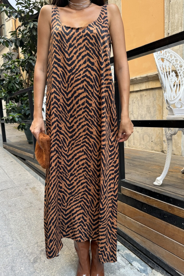 Women's Coffee Floss Satin Printed Long Dress