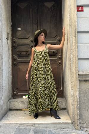 Women's Oil Green Floss Satin Printed Long Dress - First Angels - Globality Store - Women Clothes Wholesale Turkey