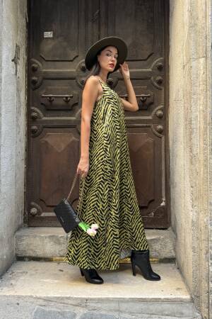 Women's Oil Green Floss Satin Printed Long Dress - First Angels - Globality Store - Women Clothes Wholesale Turkey